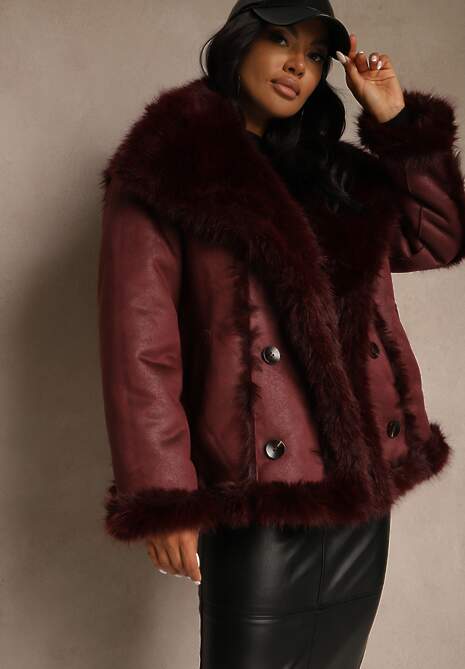 Bordowa Dwustronna Kurtka Biker Ozdobiona Futerkiem Flitta