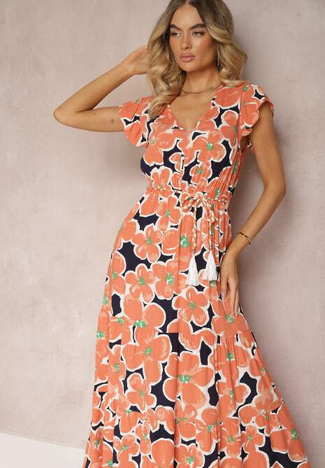 Pomarańczowa Kwiecista Sukienka z Wiskozy z Gumką w Talii Wiązana Materiałowym Paskiem Vikennia