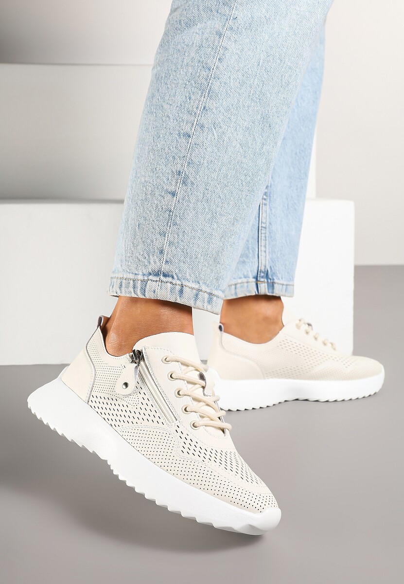 Beżowe Sneakersy Skórzane Ozdobione Suwakiem Ivelami