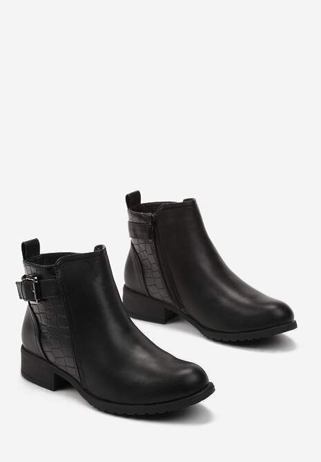 Czarne Botki z Ekoskóry ze Zwierzęcym Motywem i Ozdobną Klamrą Avalone