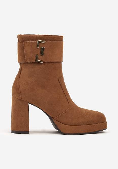 Jasnobrązowe Botki na Słupku z Geometryczną Aplikacją i Paskiem Lemiena
