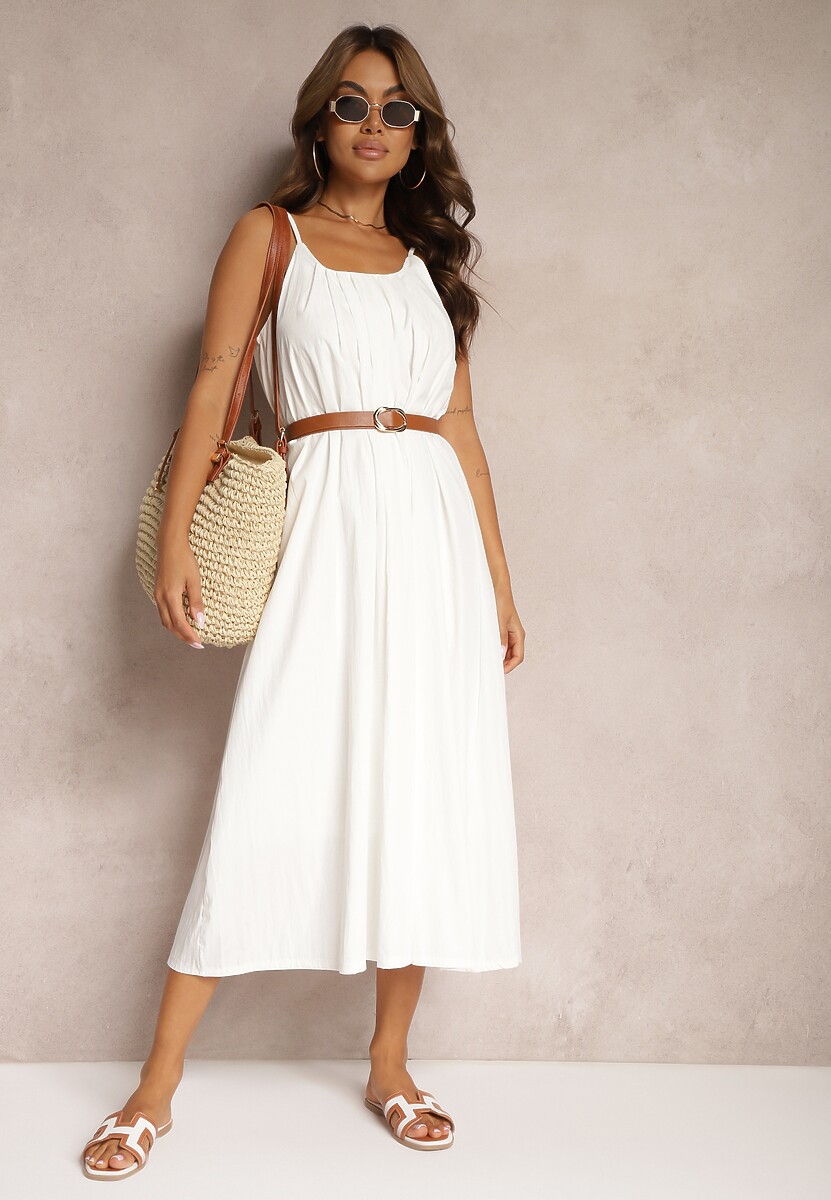Biała Trapezowa Sukienka z Dodatkiem Bawełny na Ramiączkach Wykończona Sznurkiem Nerceria