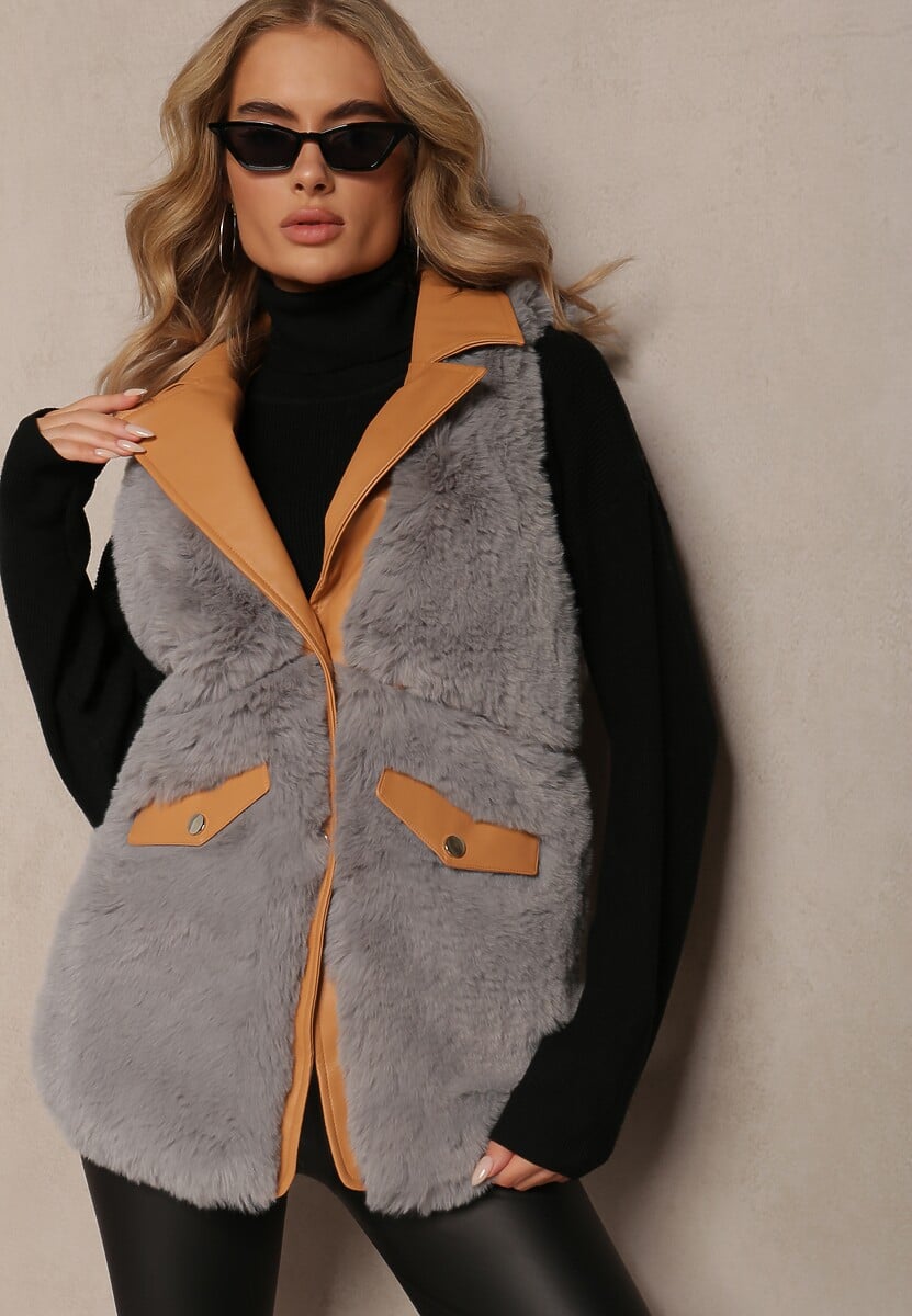 Szara Futrzana Kamizelka ze Wstawkami z Imitacji Skóry Plinia