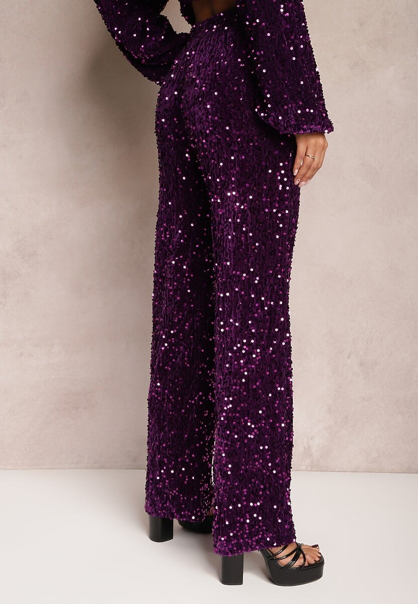 Fioletowe Szerokie Spodnie w Cekiny z Welurowej Tkaniny Naress
