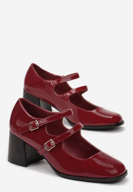 Bordowe Lakierowane Czółenka Zapinane na Dwa Paski Heleo