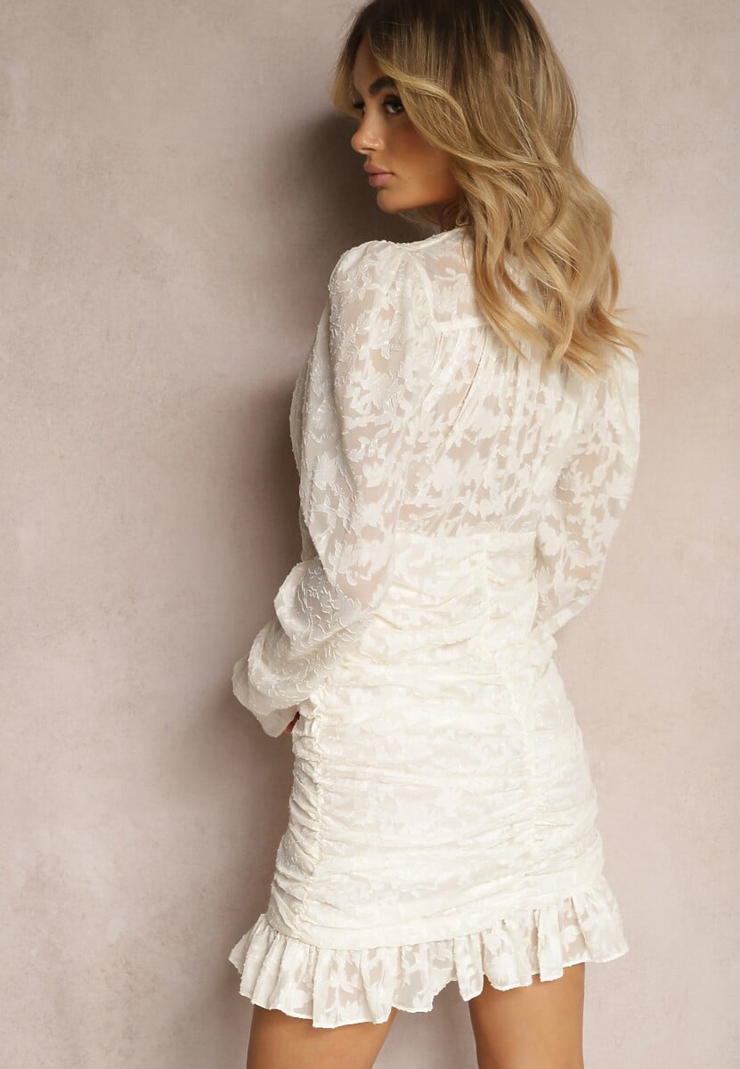 Beżowa Dopasowana Sukienka Mini z Drapowaniem i Wzorem na Siateczce Welisia