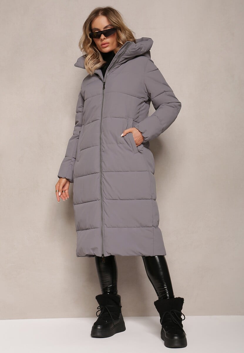 Szara Długa Kurtka Płaszcz z Pikowaniem oraz Kapturem Madirre