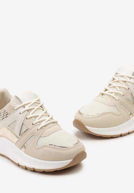 Beżowe Sneakersy z Siateczkowymi i Metalicznymi Zdobieniami Detama