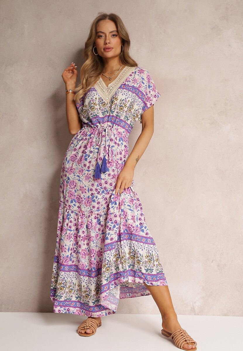 Różowo-Niebieska Sukienka Maxi ze Sznurkiem w Talii i Koronkową Wstawką przy Dekolcie Mererid