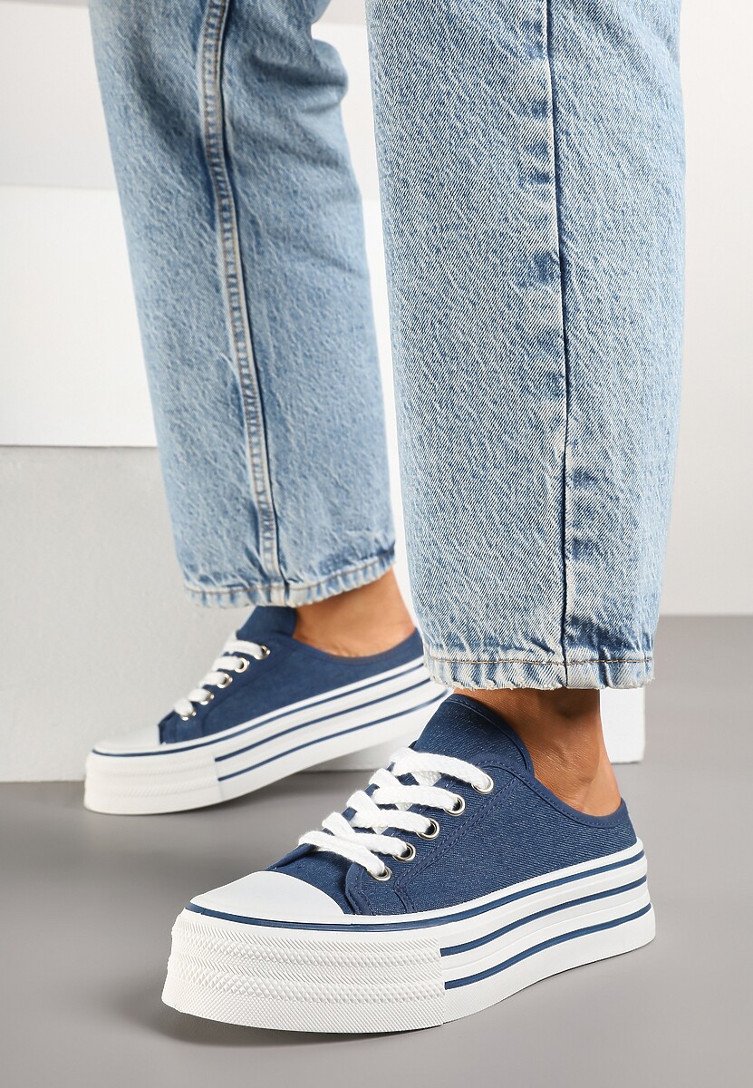 Granatowe Trampki z Niską Cholewką na Podwójnej Podeszwie Lenisna