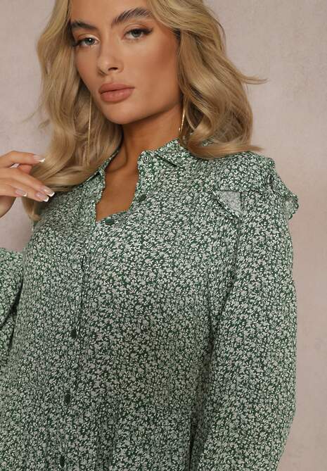 Zielona Mini Sukienka o Rozkloszowanym Kroju w Kwiaty z Falbankami Limrena