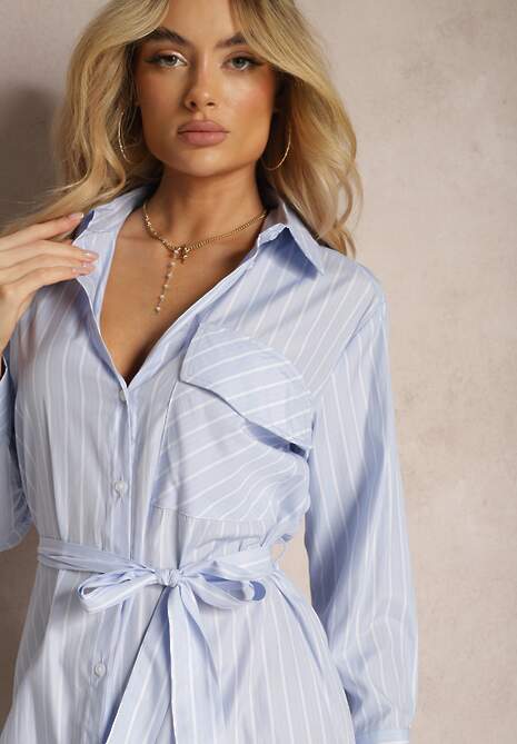 Niebieska Sukienka w Paski w Koszulowym Stylu z Paskiem i Długim Rękawem Desperse