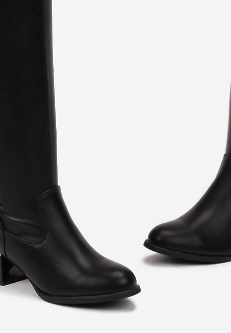 Czarne Kozaki za Kolano na Słupku z Metaliczną Wstawką Ramina