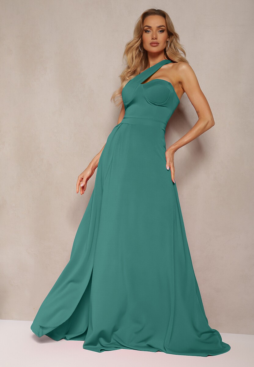 Zielona Sukienka o Rozkloszowanym Kroju na Jedno Ramię z Głębokim Rozcięciem Efiela