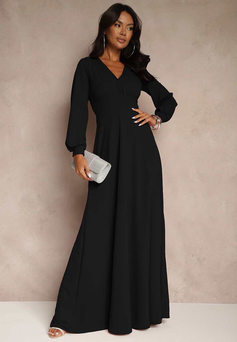 Czarna Koktajlowa Sukienka z Ozdobnym Rozcięciem na Nogę Erullia