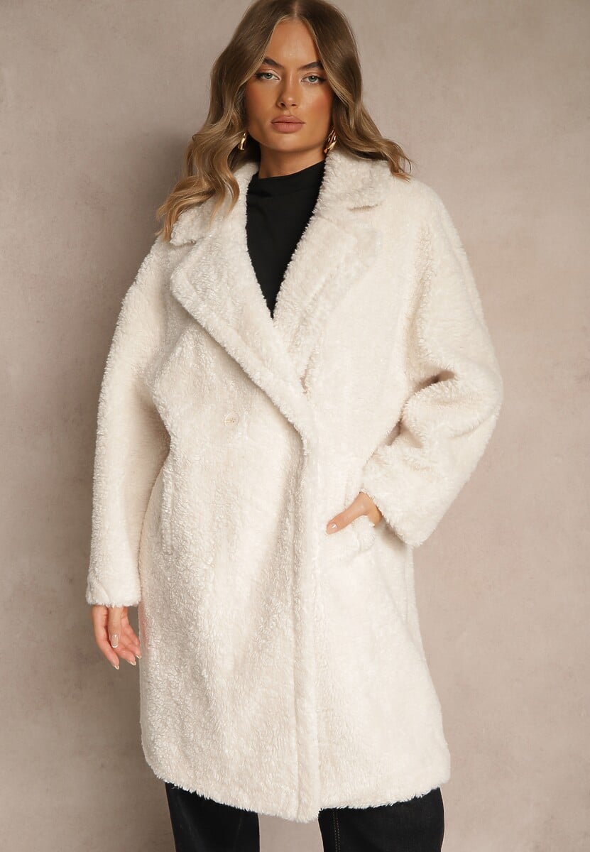 Biały Płaszcz Teddy o Dwurzędowym Kroju Oversize Azzena