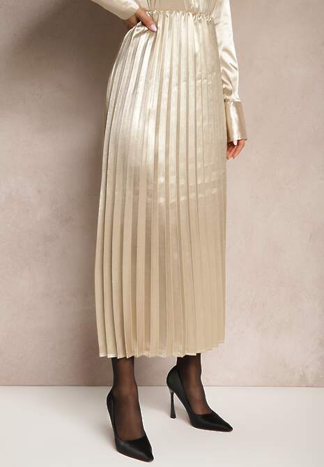 Beżowa Połyskująca Spódnica Plisowana Maxi Vilira