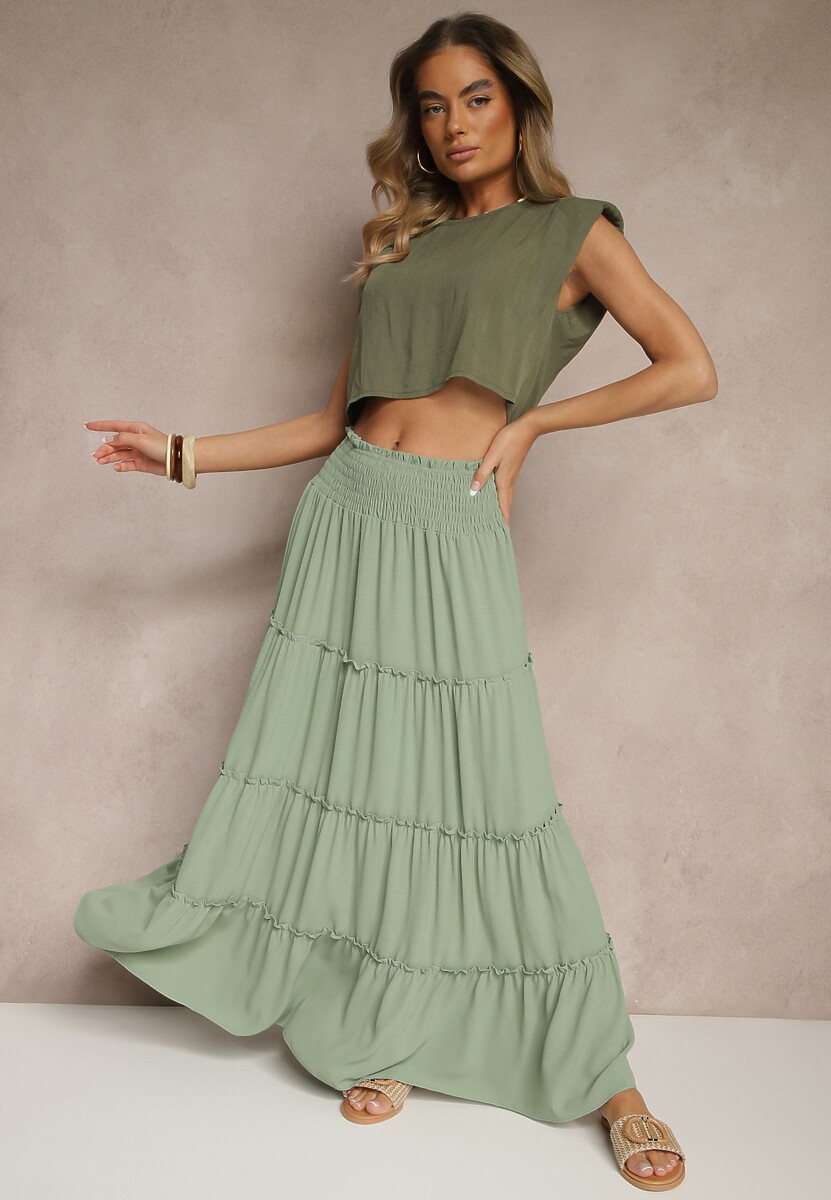 Różowa Rozkloszowana Spódnica z Gumką w Talii Zdobiona Falbanami Dovinelle