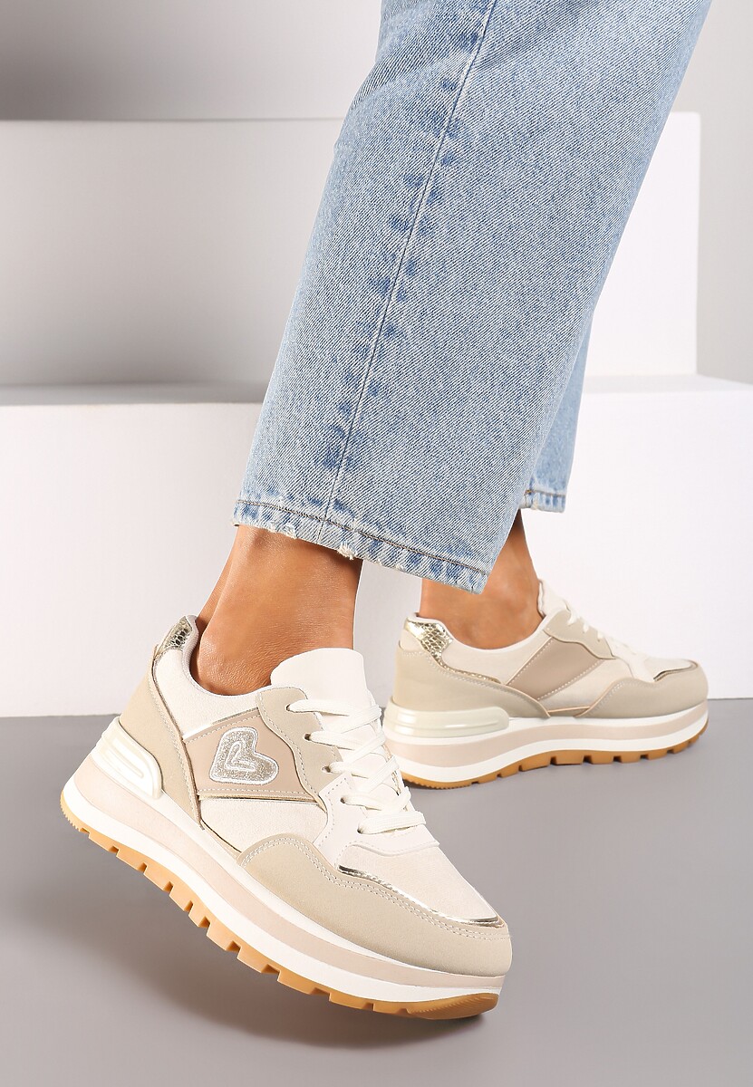 Ciemnobeżowe Sneakersy na Platformie z Metalicznym Wykończeniem i Sercem Veriscas