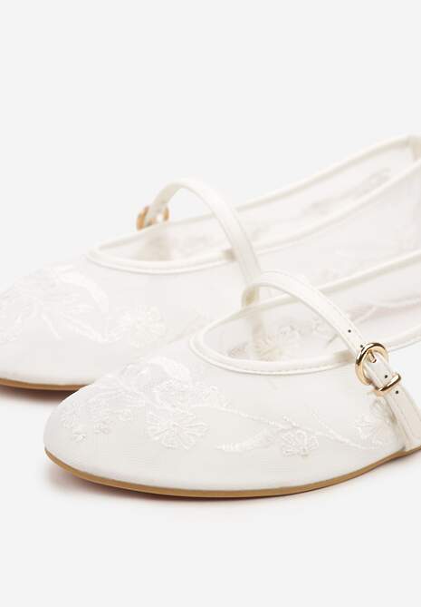 Białe Koronkowe Balerinki w Stylu Mary Jane z Haftowanej Siateczki Tilaverra