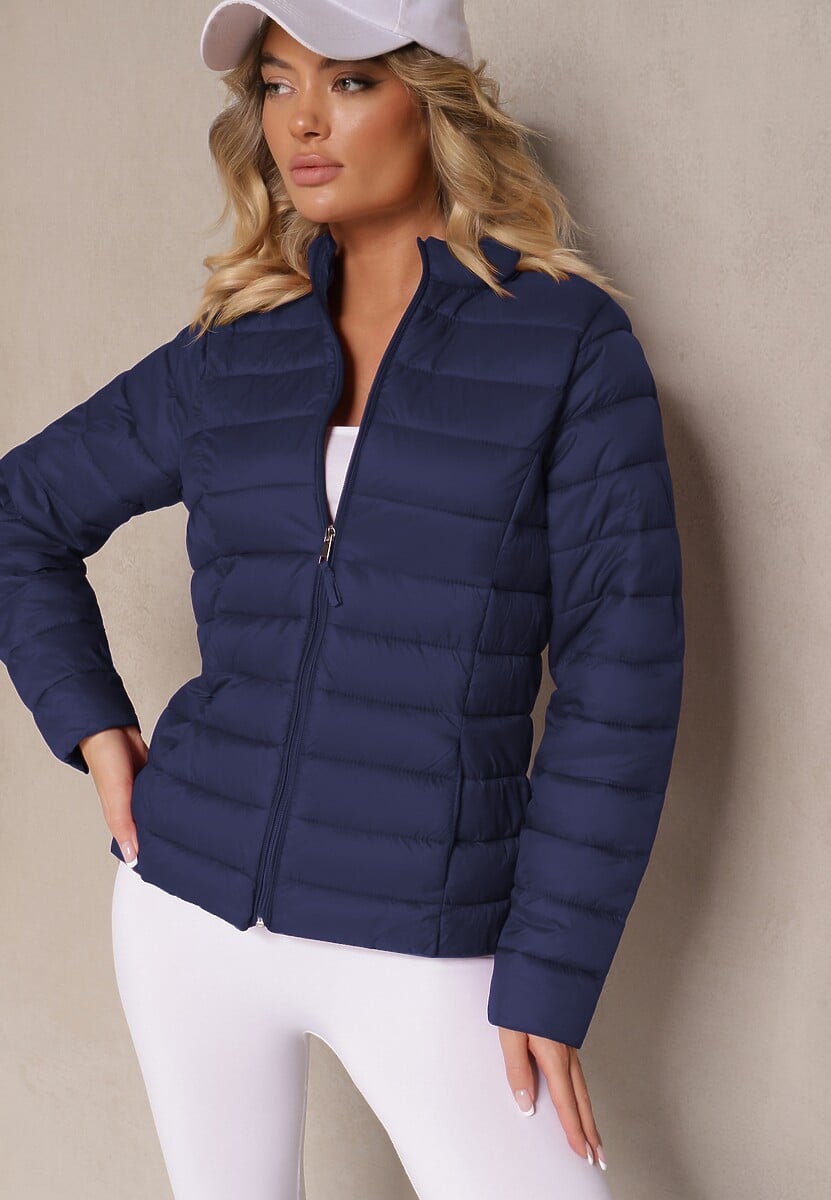 Granatowa Casualowa Kurtka Ozdobiona Pikowaniem Nelionea