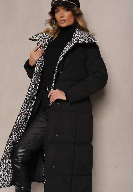 Czarno-Szara Długa Kurtka z Pikowanymi Przeszyciami i Kołnierzem w Panterkę Wiązana w Talii Tilfezi