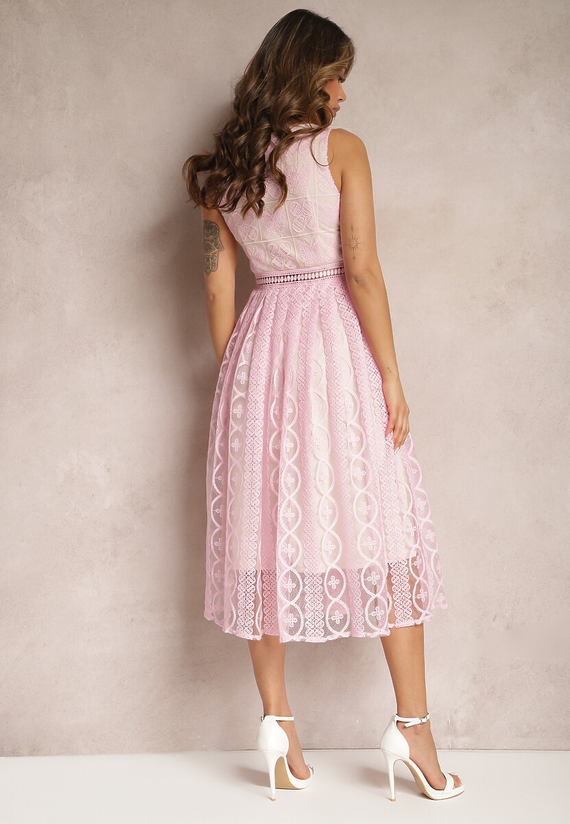 Różowa Plisowana Sukienka na Ramiączkach z Ozdobnym Wzorem i Suwakiem Mirilla