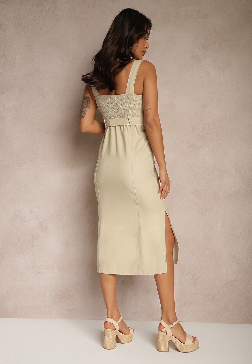 Beżowa Dopasowana Sukienka z Wiskozą z Rozcięciami i Paskiem z Klamrą Zarilea