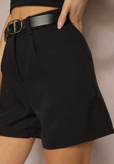 Czarne  Szorty Bermudy High Waist o Eleganckim Wykończeniu Verpia