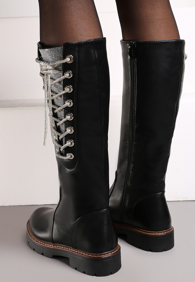 Czarne Kozaki z Cholewką Przed Kolano i Wiązaniem ze Sznurowadeł z Cyrkoniami Suvella