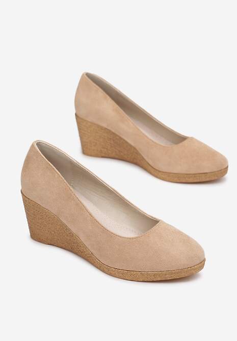 Ciemnobeżowe Czółenka Vices na Plecionym Koturnie ze Skórzaną Wkładką Ebersa