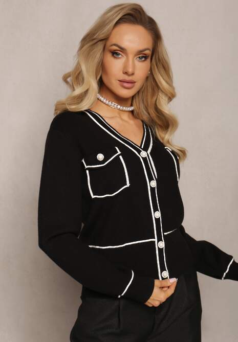 Czarny Zapinany Kardigan z Wiskozy i Przeszyciami Aeloriah