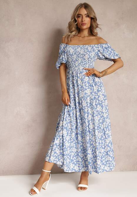 Niebieska Trapezowa Sukienka Bawełniana w Kwiaty Cresenia