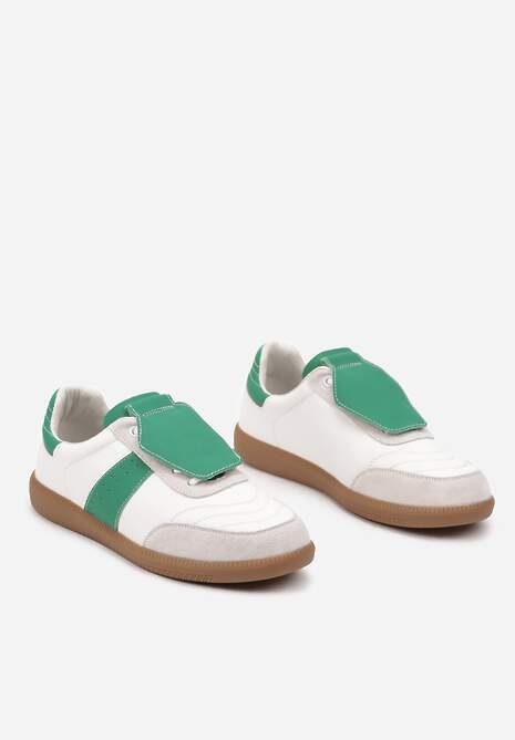 Biało-Zielone Sneakersy na Płaskiej Podeszwie ze Skóry Wykończone Zamszową Wstawką Milirae