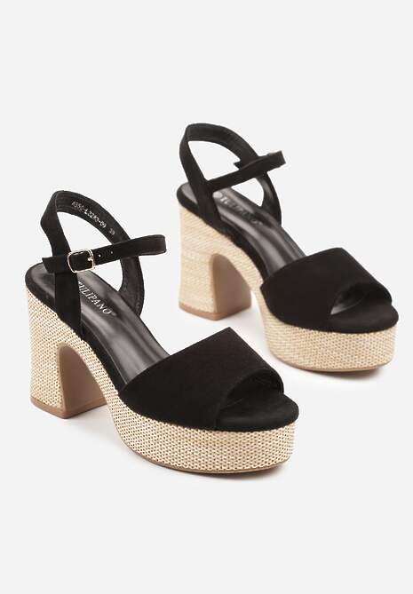 Czarne Sandały na Słupku z Platformą z Motywem Plecionki Sorliza
