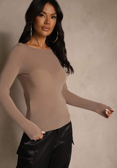 Beżowa Bluzka Longsleeve z Wiskozy i Kaszmiru Unelle
