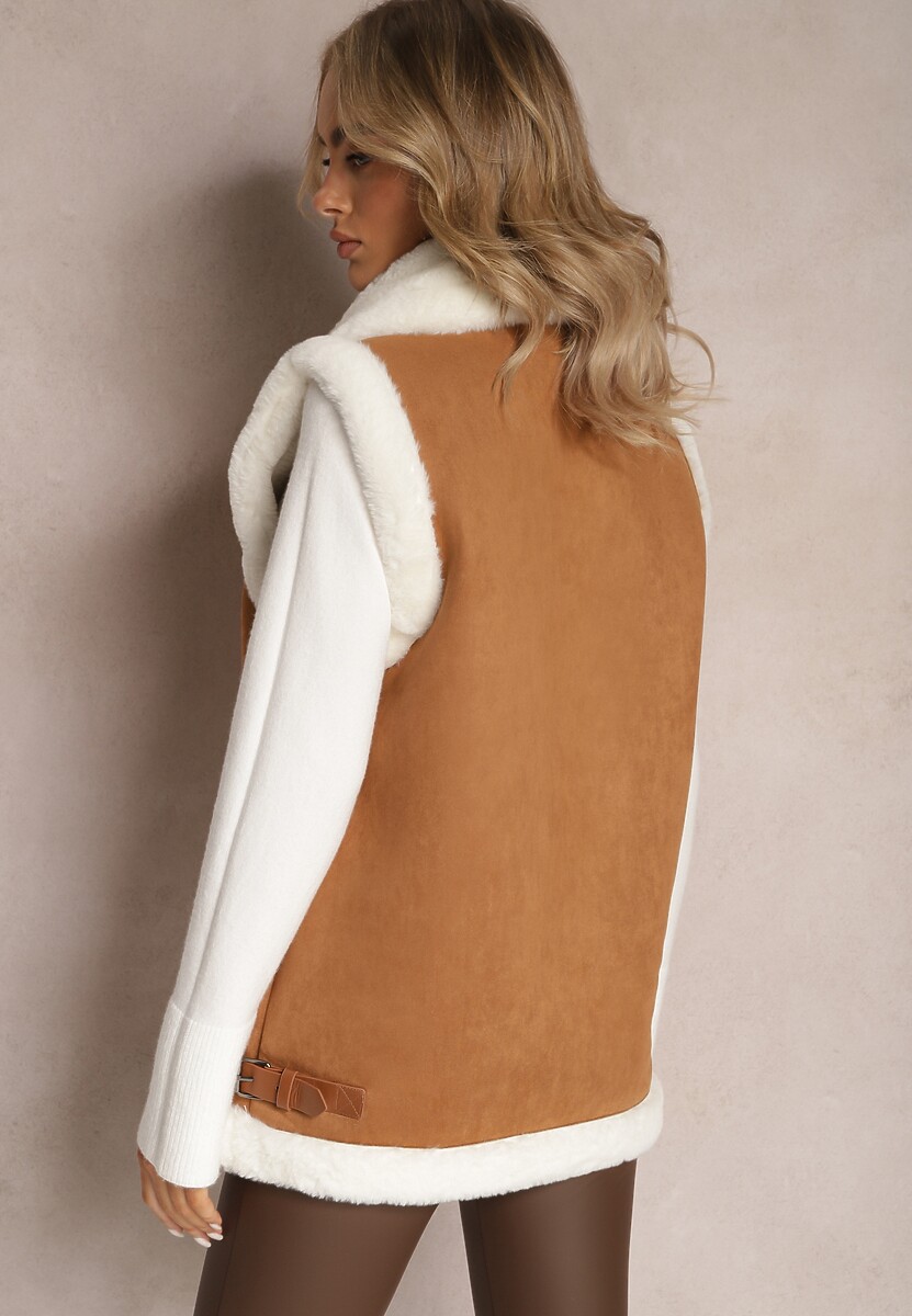 Brązowa Kamizelka Bezrękawnik z Asymetrycznym Zapięciem i Futerkiem Sadarra