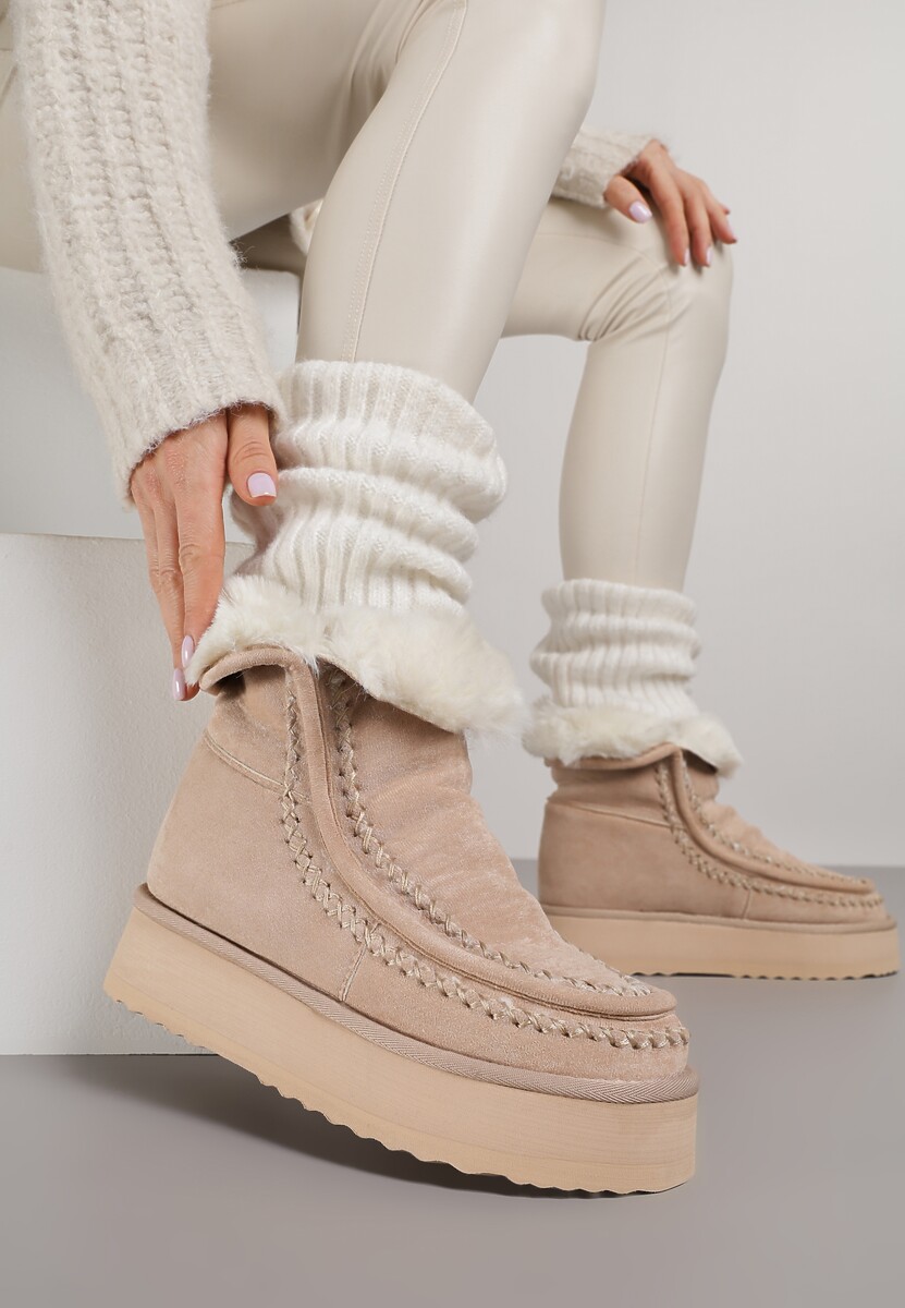 Beżowe Śniegowce Ozdobione Haftem Rawedena