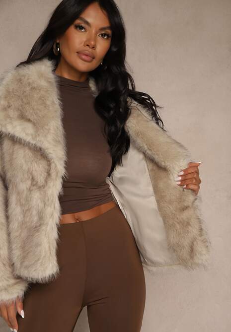 Ciemnobeżowa Kurtka Futrzana Ozdobiona Kołnierzem Avelire