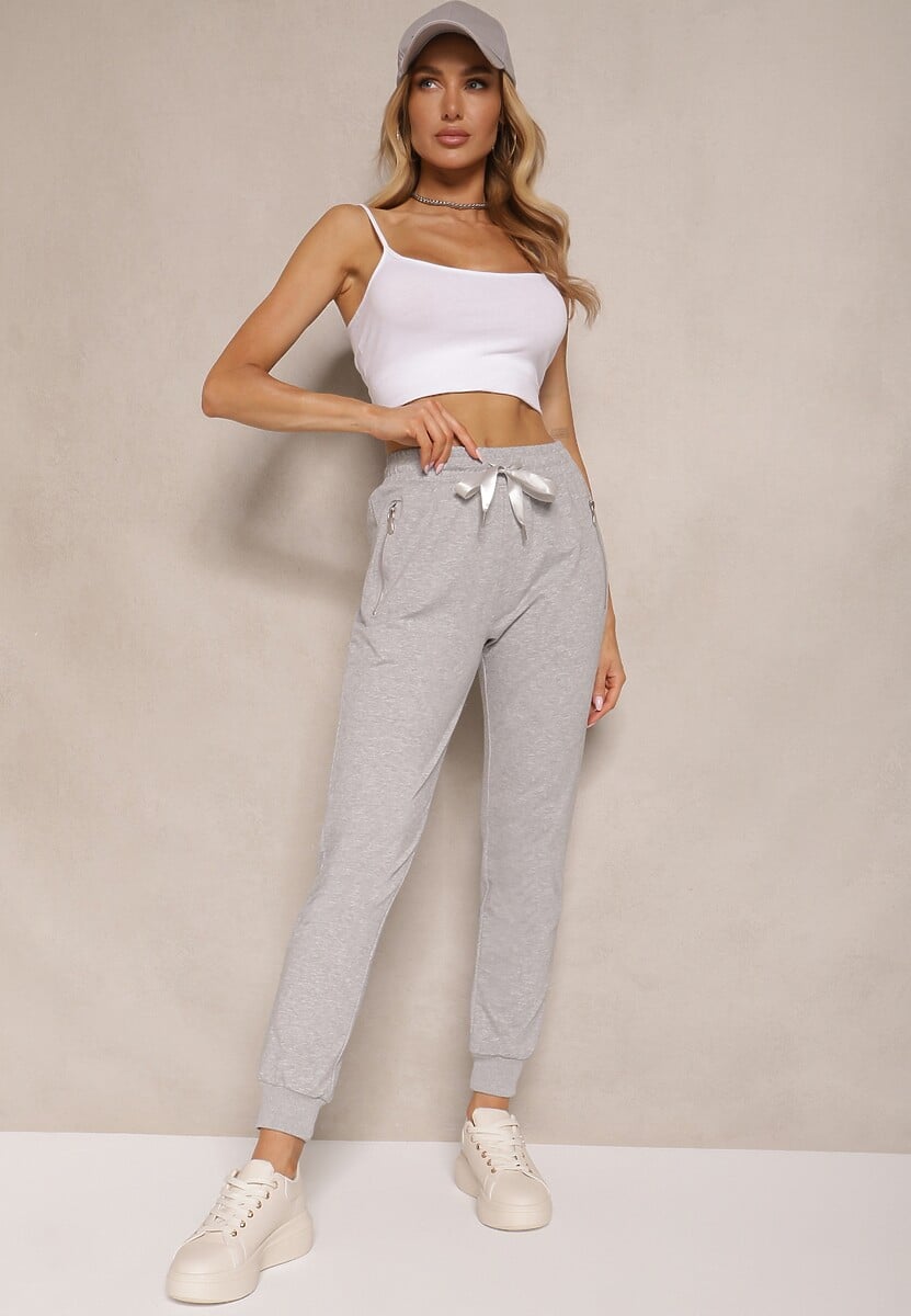 Szare Spodnie Dresowe z Bawełny o Kroju Jogger High Waist Cherisa
