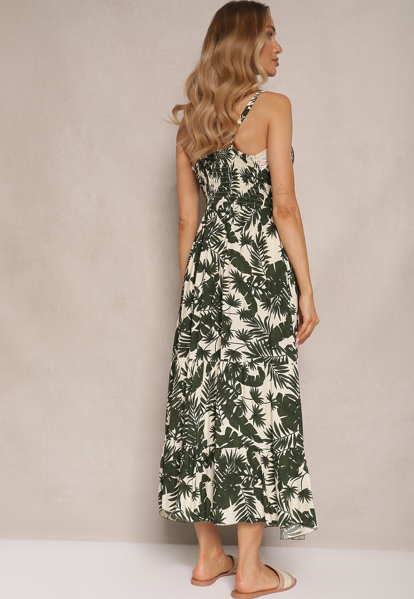 Jasnobeżowa Rozkloszowana Sukienka z Bawełny w Tropikalny Print z Koronką Alulora