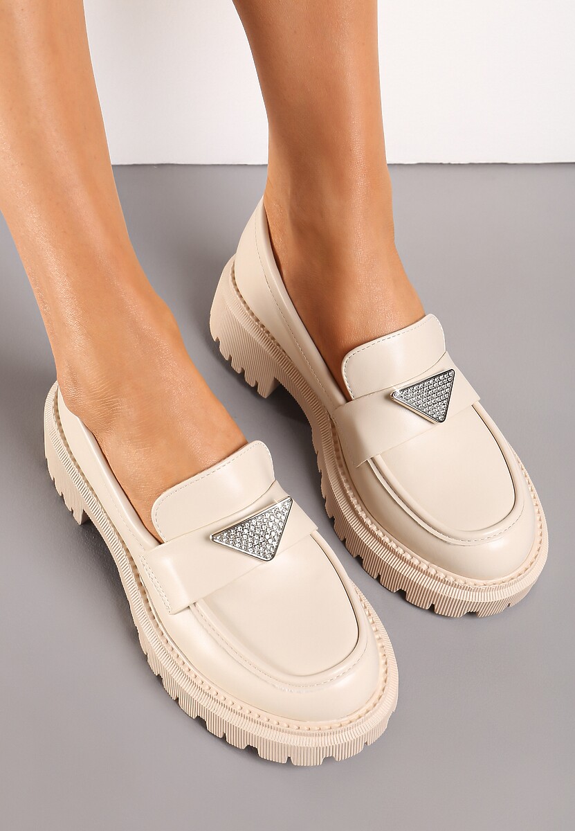 Beżowe Mokasyny z Ekoskóry na Grubej Podeszwie z Klamrą z Cyrkoniami Azzelia