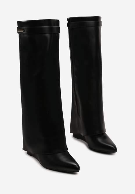 Czarne Wysokie Kozaki z Wywiniętą Cholewką na Koturnie Mistico