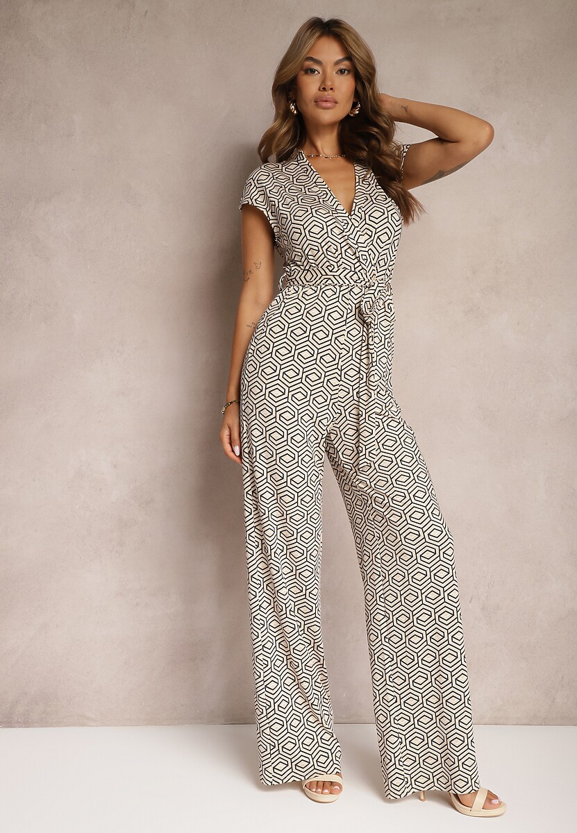 Beżowo-Czarny Kombinezon z Dodatkiem Wiskozy z Wiązaniem w Talii w Geometryczny Wzór Trosofia