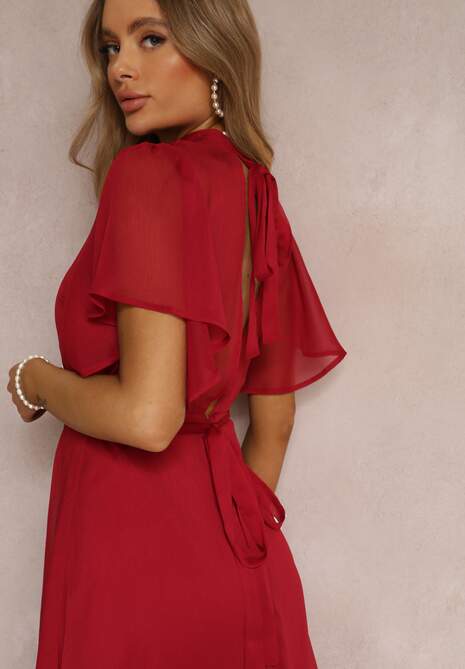 Bordowa Rozkloszowana Sukienka z Odkrytymi Plecami i Wiązaniem Syrissis