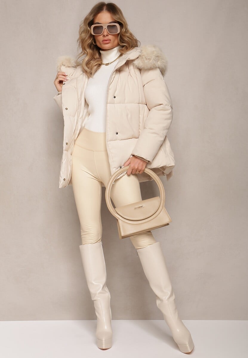 Jasnobeżowa Wiązana Kurtka z Pikowaniem i Kapturem z Futerkiem Elinerra