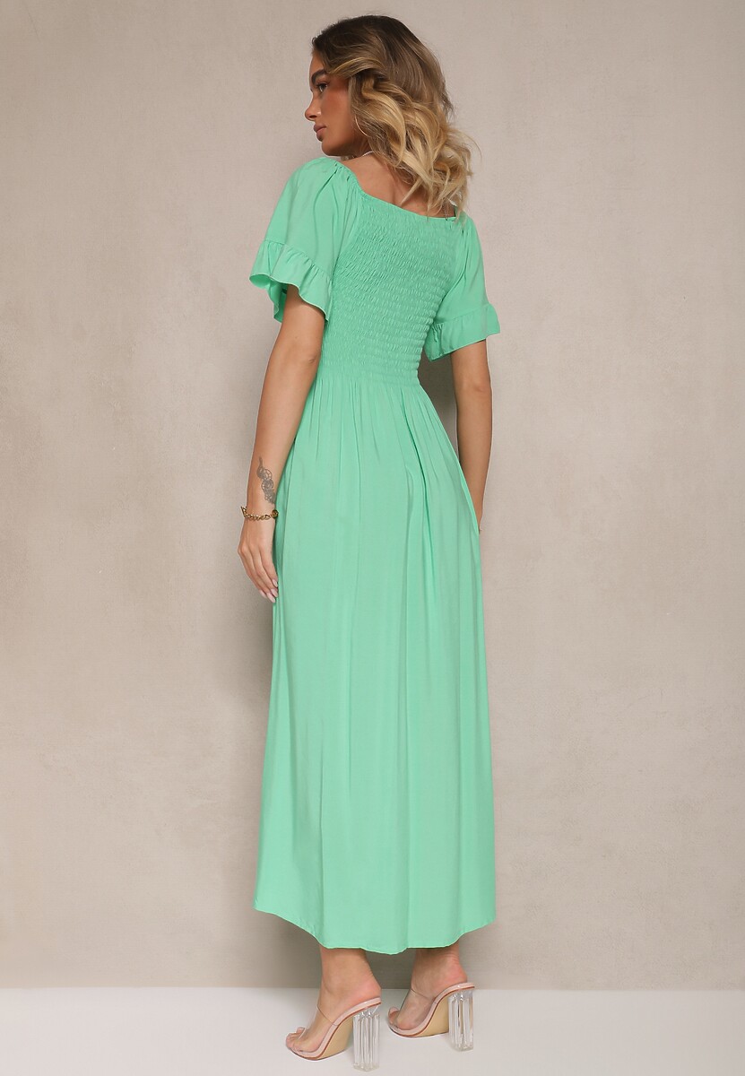 Jasnozielona Rozkloszowana Sukienka Hiszpanka z Bawełny z Elastyczną Górą Maissa