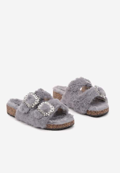 Niebieskie Kapcie na Płaskiej Podeszwie z Futerkiem Cyrkoniami i Klamrami z Regulacją Arvela