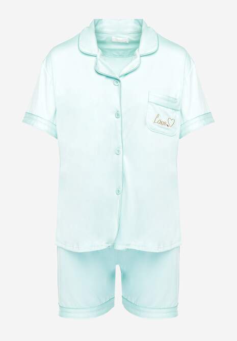 Miętowy Komplet Piżamowy z Krótką Koszulą z Napisem i Szortami Finetta