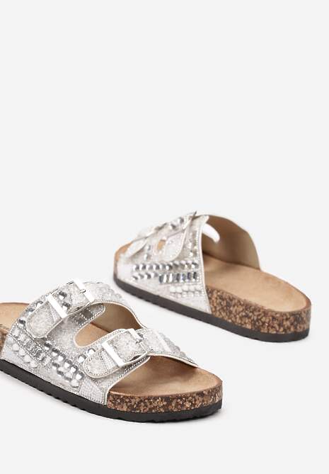 Białe Płaskie Klapki z Imitacji Skóry z Klamrami Ozdobione Cyrkoniami i Kamykami Allenda